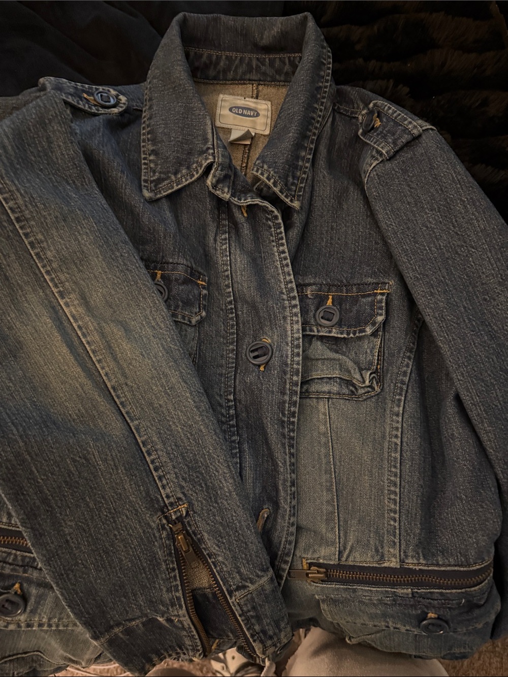 Old Navy Distressed Dark Blue Denim Jacket with Zip Hem